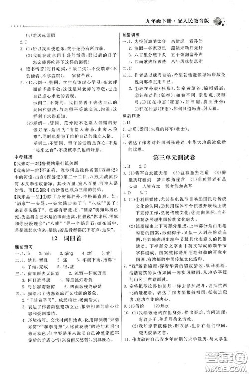 北京教育出版社2020新课堂同步训练九年级语文下册人民教育版答案