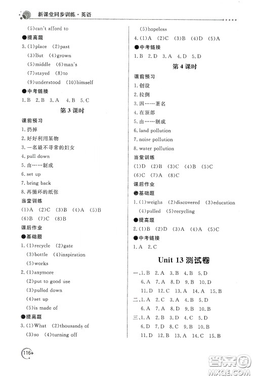 北京教育出版社2020新课堂同步训练九年级英语下册人民教育版答案