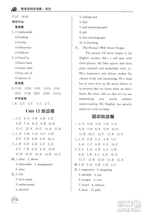 北京教育出版社2020新课堂同步训练九年级英语下册人民教育版答案