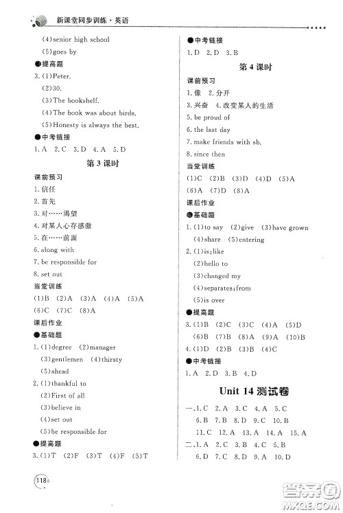 北京教育出版社2020新课堂同步训练九年级英语下册人民教育版答案