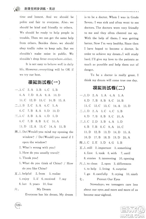 北京教育出版社2020新课堂同步训练九年级英语下册人民教育版答案