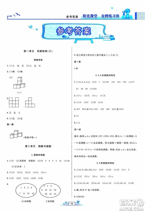 人民教育出版社2020阳光课堂金牌练习册五年级数学下册答案 人民教育出版社2020阳光课堂金牌练习册五年级数学下册答案