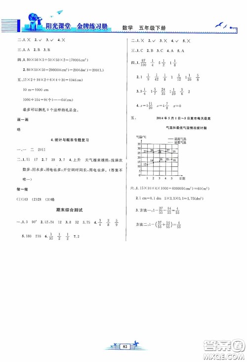 人民教育出版社2020阳光课堂金牌练习册五年级数学下册答案