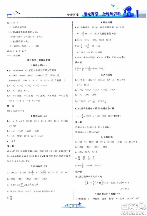人民教育出版社2020阳光课堂金牌练习册六年级数学下册答案 人民教育出版社2020阳光课堂金牌练习册六年级数学下册答案
