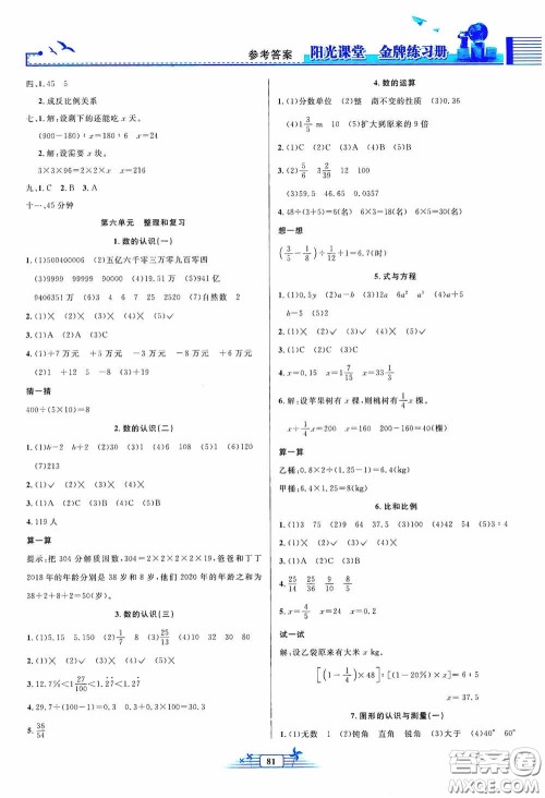 人民教育出版社2020阳光课堂金牌练习册六年级数学下册答案