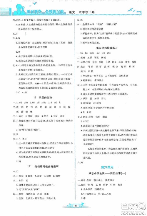 人民教育出版社2020阳光课堂金牌练习册六年级语文下册答案