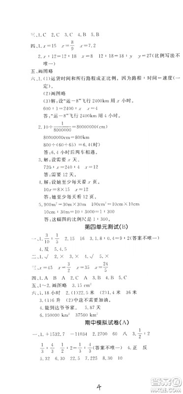 花山文艺出版社2020课时练测试卷六年级数学下册答案