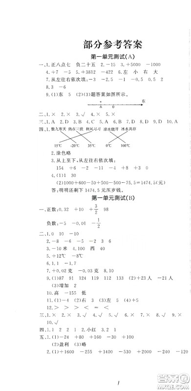 花山文艺出版社2020课时练测试卷六年级数学下册答案