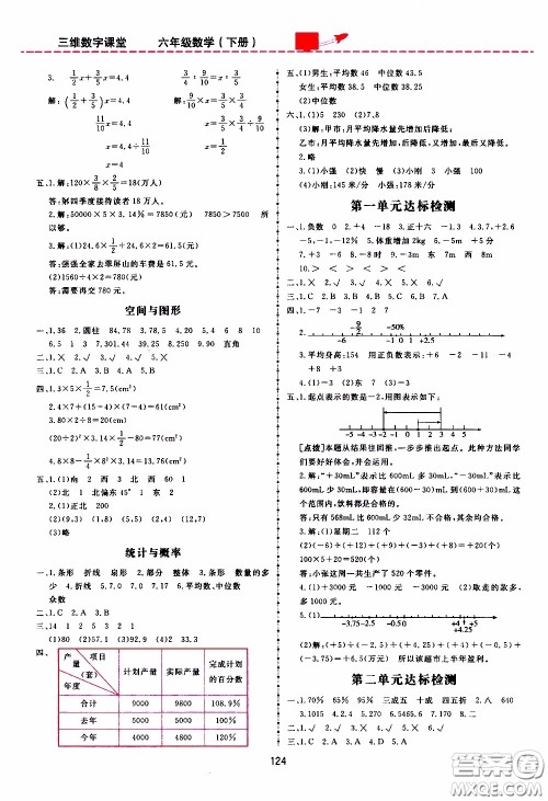 2020年三维数字课堂六年级数学下册人教版参考答案