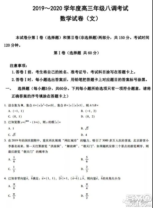 衡水中学2020年高三下学期第八次调研考试文科数学试题及答案 衡水中学2020年高三下学期第八次调研考试文科数学试题及答案