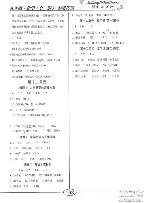 阳光出版社2020新编随堂10分钟九年级化学全一册人教版答案