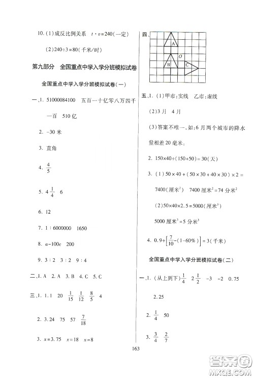 全国百所著名中学2020年小升初招生分班真题分类卷数学答案