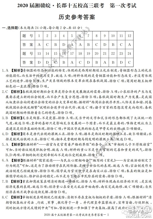 2020届湘赣皖长郡十五校高三联考第一次考试文科综合答案