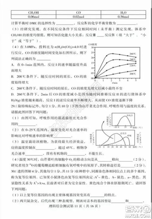 2020年东北三省四市一模理科综合试卷及答案