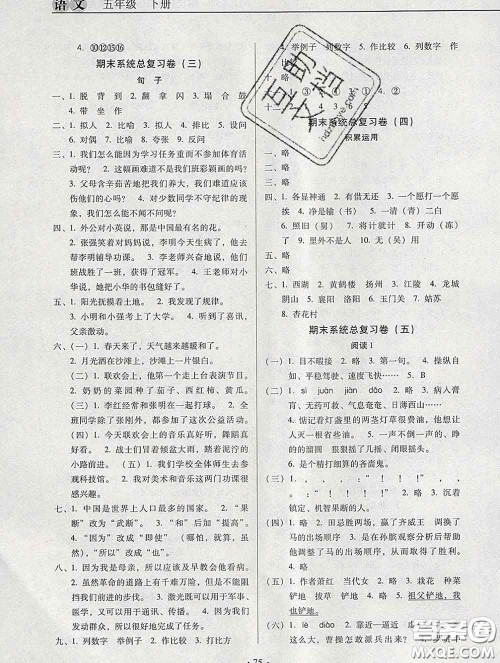 2020新版名校名师培优作业本加核心试卷五年级语文下册人教版答案