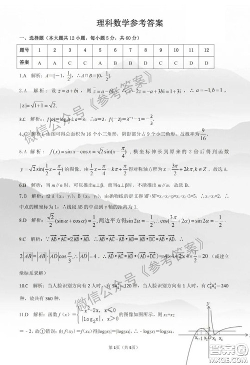 2020年宝鸡市高考模拟检测二理科数学答案