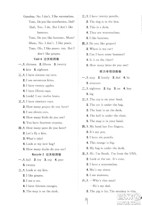 浙江教育出版社2020阳光同学全优达标好卷三年级英语下册浙江专版答案