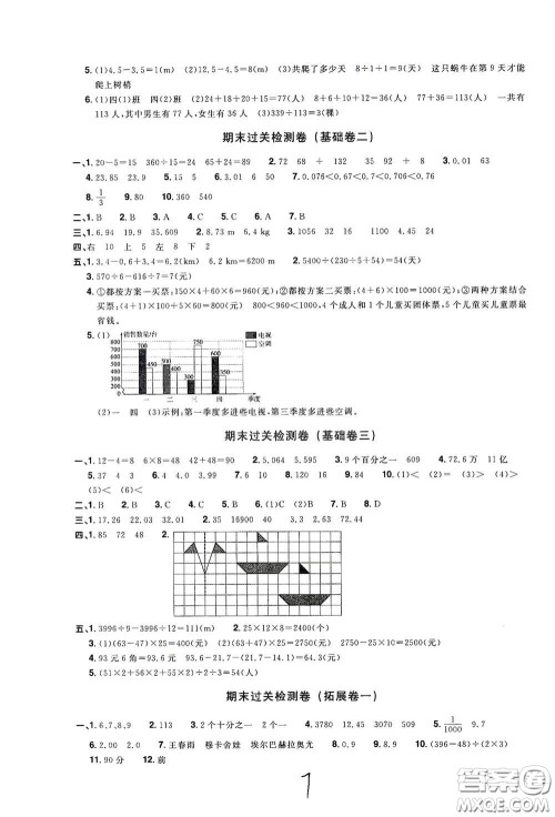 浙江教育出版社2020阳光同学全优达标好卷四年级数学下册浙江专版答案