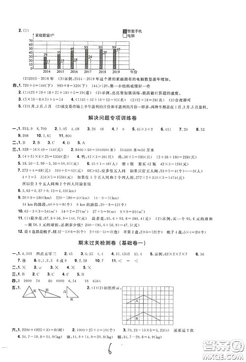 浙江教育出版社2020阳光同学全优达标好卷四年级数学下册浙江专版答案