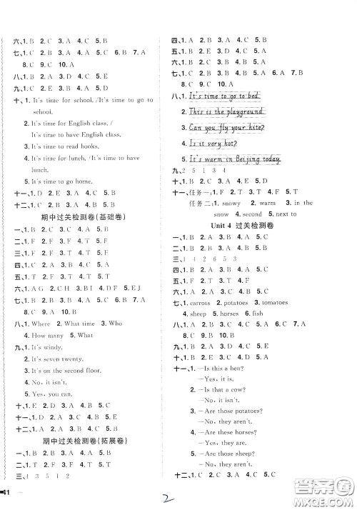 浙江教育出版社2020阳光同学全优达标好卷四年级英语下册浙江专版答案