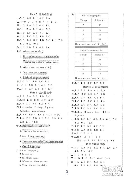 浙江教育出版社2020阳光同学全优达标好卷四年级英语下册浙江专版答案