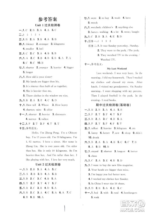 浙江教育出版社2020阳光同学全优达标好卷六年级英语下册人教版浙江专版答案