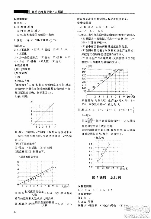 2020年知行课堂数学六年级下册人教版参考答案