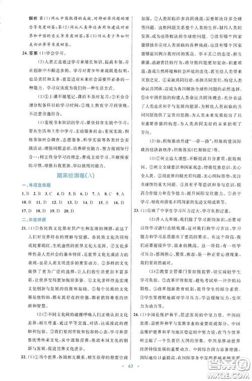 内蒙古教育出版社2020学习目标与检测九年级道德与法治下册人教版答案