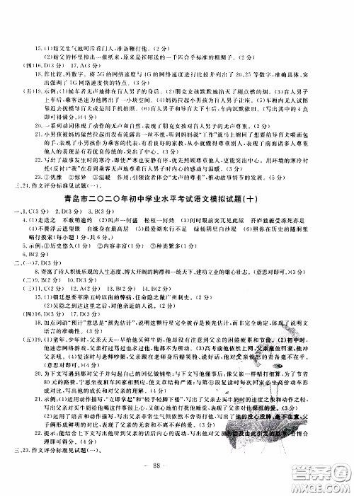 青岛出版社2020年中考冲刺模拟卷语文参考答案