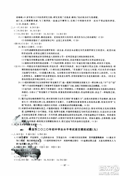 青岛出版社2020年中考冲刺模拟卷语文参考答案