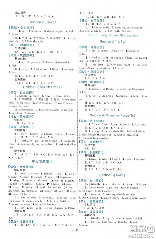 内蒙古教育出版社2020学习目标与检测七年级英语下册人教版答案