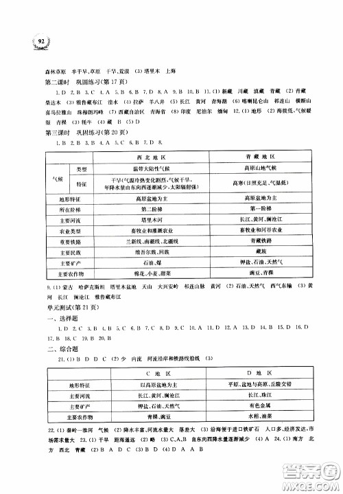 2020年探究与训练地理八年级下学期用湘教版参考答案