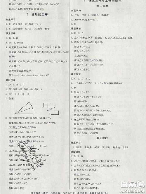 2020春名师小课堂同步精练七年级数学下册北师版答案 2020春名师小课堂同步精练七年级数学下册北师版答案