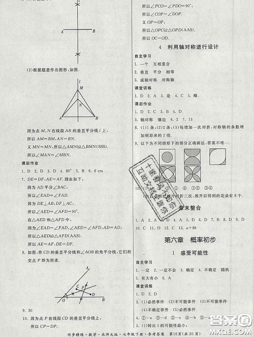 2020春名师小课堂同步精练七年级数学下册北师版答案