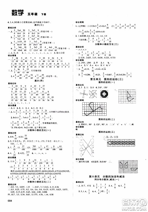 2020年学习质量监测数学五年级下册人教版参考答案