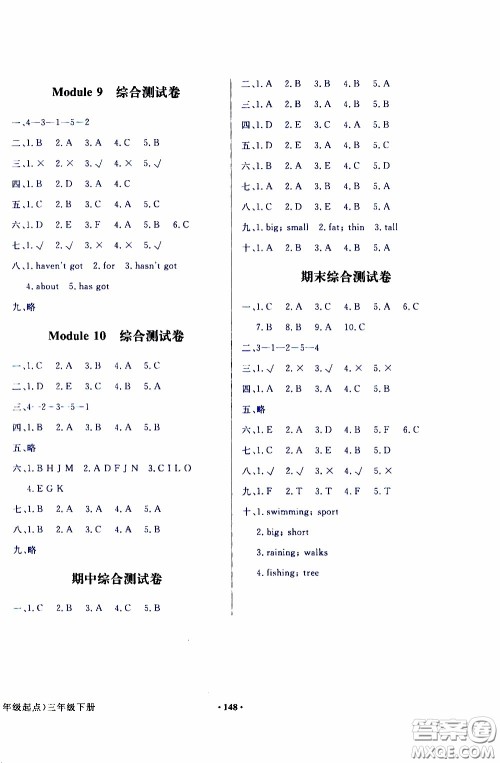 2020年阳光课堂英语三年级起点三年级下册外研版参考答案