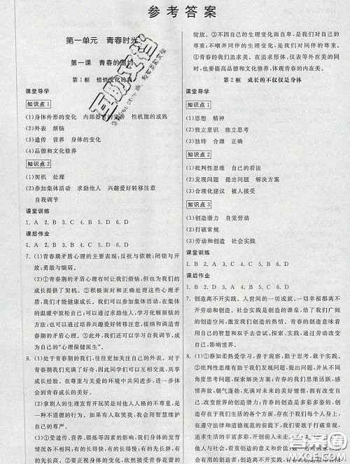 2020春名师小课堂同步精练七年级道德与法治下册人教版答案 2020春名师小课堂同步精练七年级道德与法治下册人教版答案