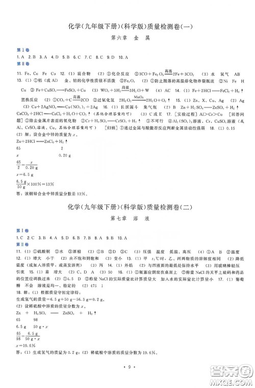 福建人民出版社2020顶尖课课练九年级化学下册教科版答案