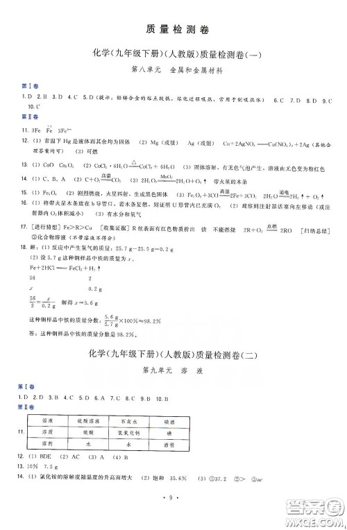 福建人民出版社2020顶尖课课练九年级化学下册人教版答案