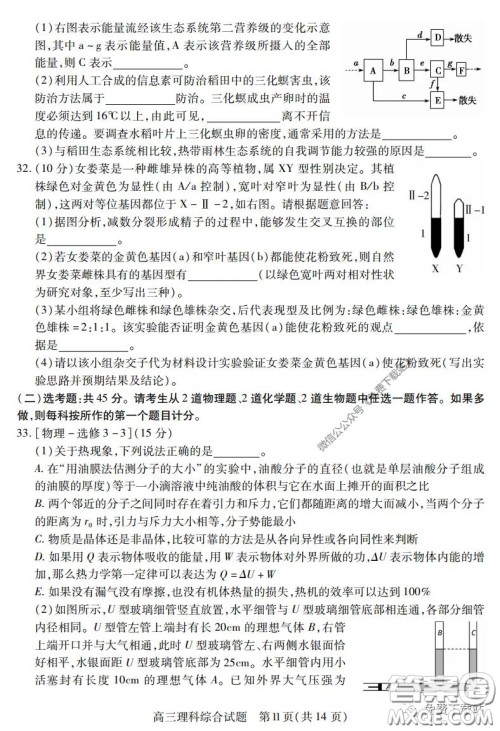 运城市2020年高三4月调研测试理科综合试题及答案 运城市2020年高三4月调研测试理科综合试题及答案