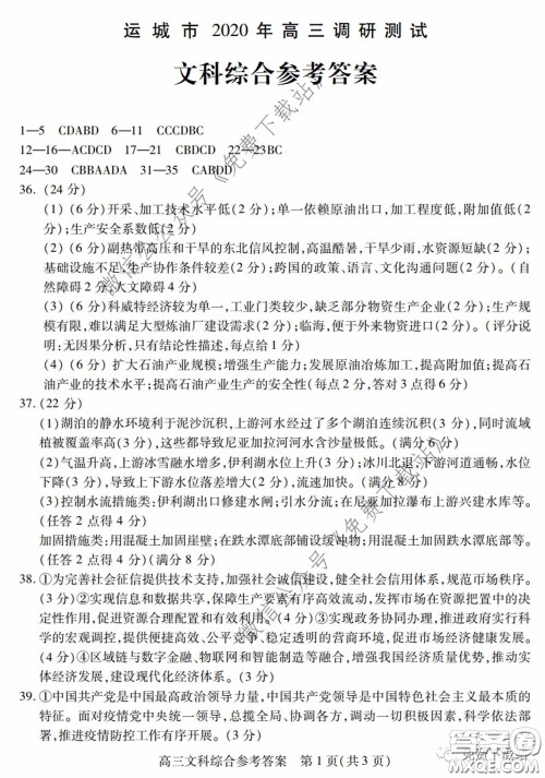 运城市2020年高三4月调研测试文科综合试题及答案 运城市2020年高三4月调研测试文科综合试题及答案