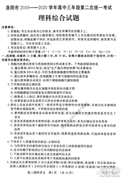 洛阳市2019-2020学年高中三年级第二次统一考试理科综合试题及答案 洛阳市2019-2020学年高中三年级第二次统一考试理科综合试题及答案
