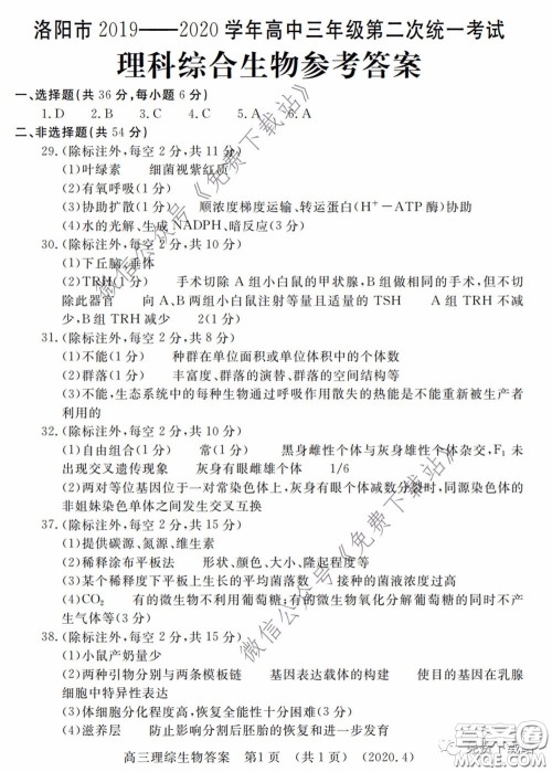 洛阳市2019-2020学年高中三年级第二次统一考试理科综合试题及答案 洛阳市2019-2020学年高中三年级第二次统一考试理科综合试题及答案