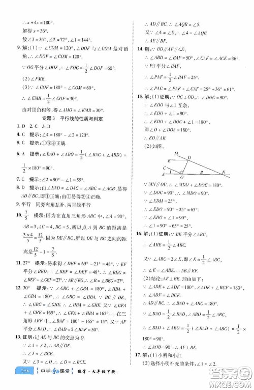 世纪英才中学奇迹课堂2020期末专题总复习七年级数学下册人教版教材答案