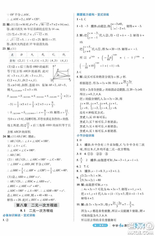 世纪英才中学奇迹课堂2020期末专题总复习七年级数学下册人教版教材答案