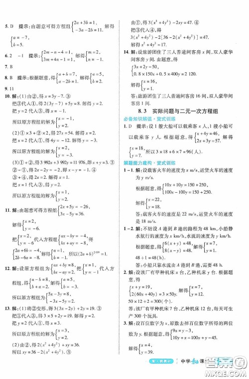 世纪英才中学奇迹课堂2020期末专题总复习七年级数学下册人教版教材答案