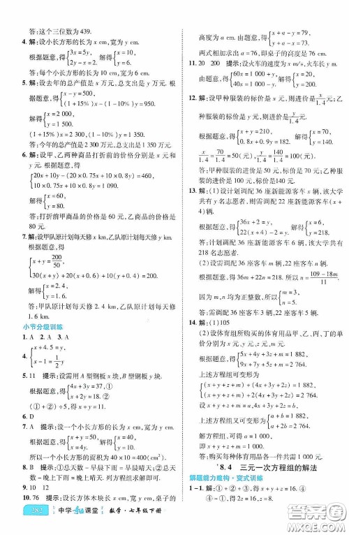 世纪英才中学奇迹课堂2020期末专题总复习七年级数学下册人教版教材答案