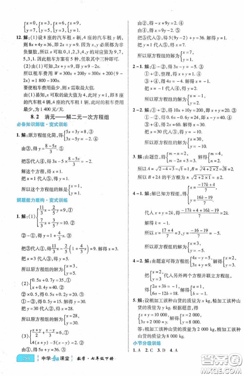 世纪英才中学奇迹课堂2020期末专题总复习七年级数学下册人教版教材答案