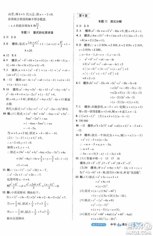 世纪英才中学奇迹课堂2020期末专题总复习七年级数学下册浙教版教材答案