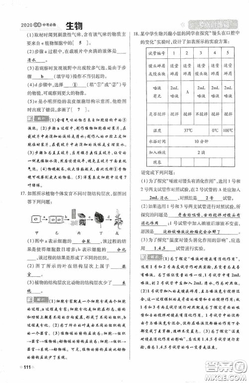 2020中考一卷通考点训练篇生物6篇训练答案